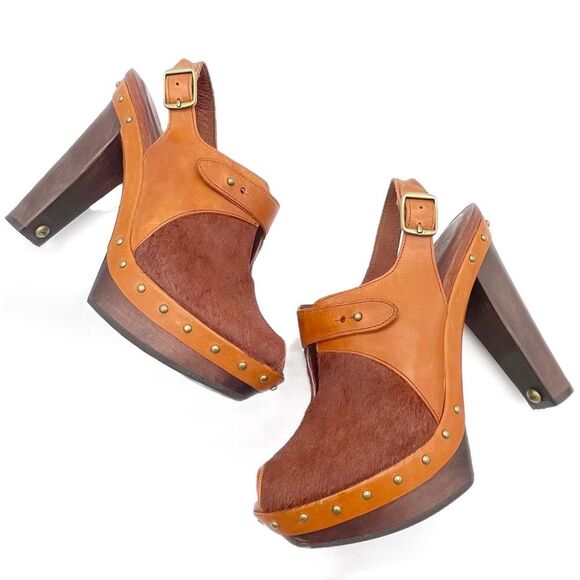 UGG Nicco Leather Calf Hair Platform Peep Toe Slingback Sandal Brown Size 8.5 - Picture 2 of 16